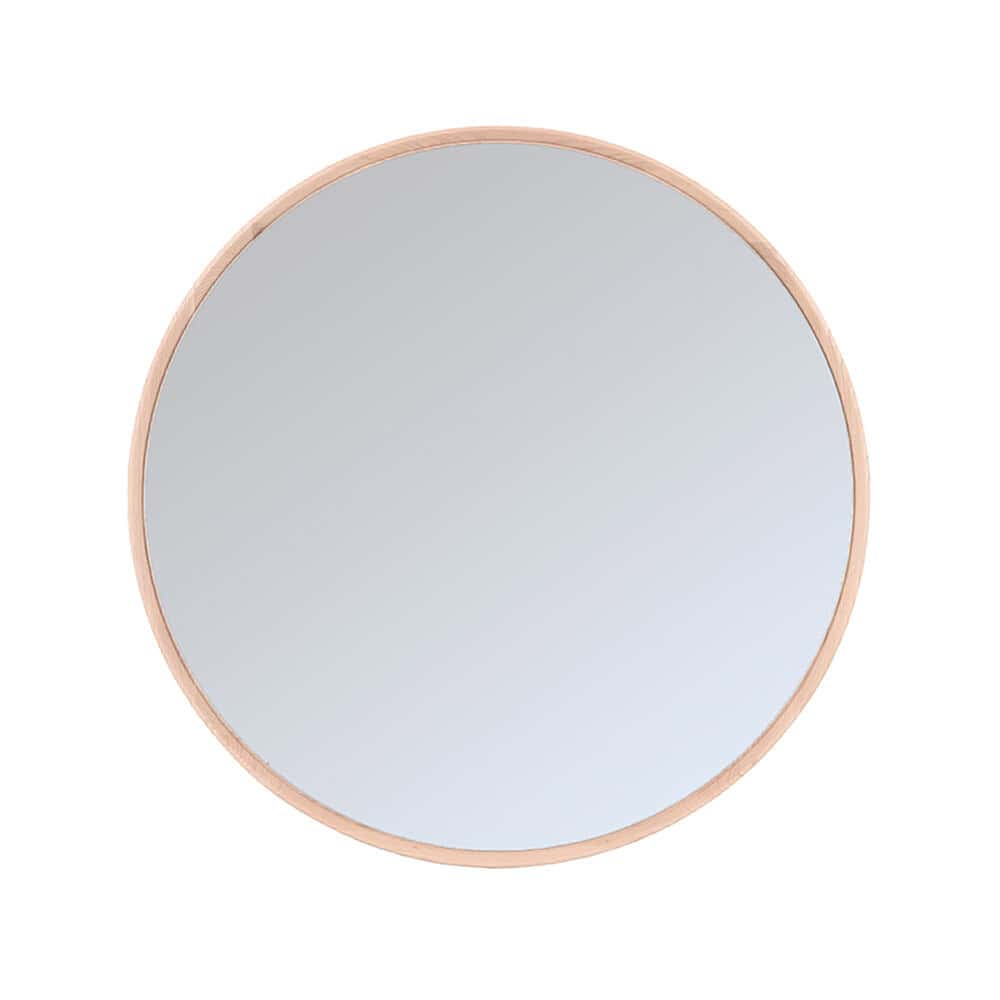 Grote ronde wandspiegel met houten rand, perfect voor moderne interieurdecoratie en functioneel gebruik.