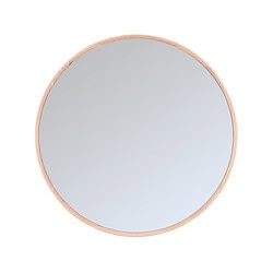 Grote ronde wandspiegel met houten rand, perfect voor moderne interieurdecoratie en functioneel gebruik.