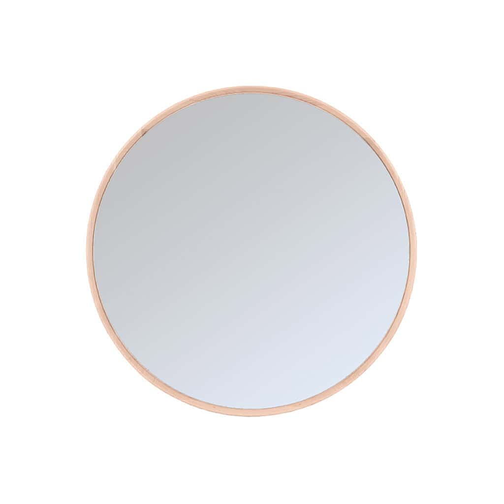 Rond houten muurspiegel met minimalistisch ontwerp en natuurlijke uitstraling, ideaal voor moderne interieurs en decoratie.
