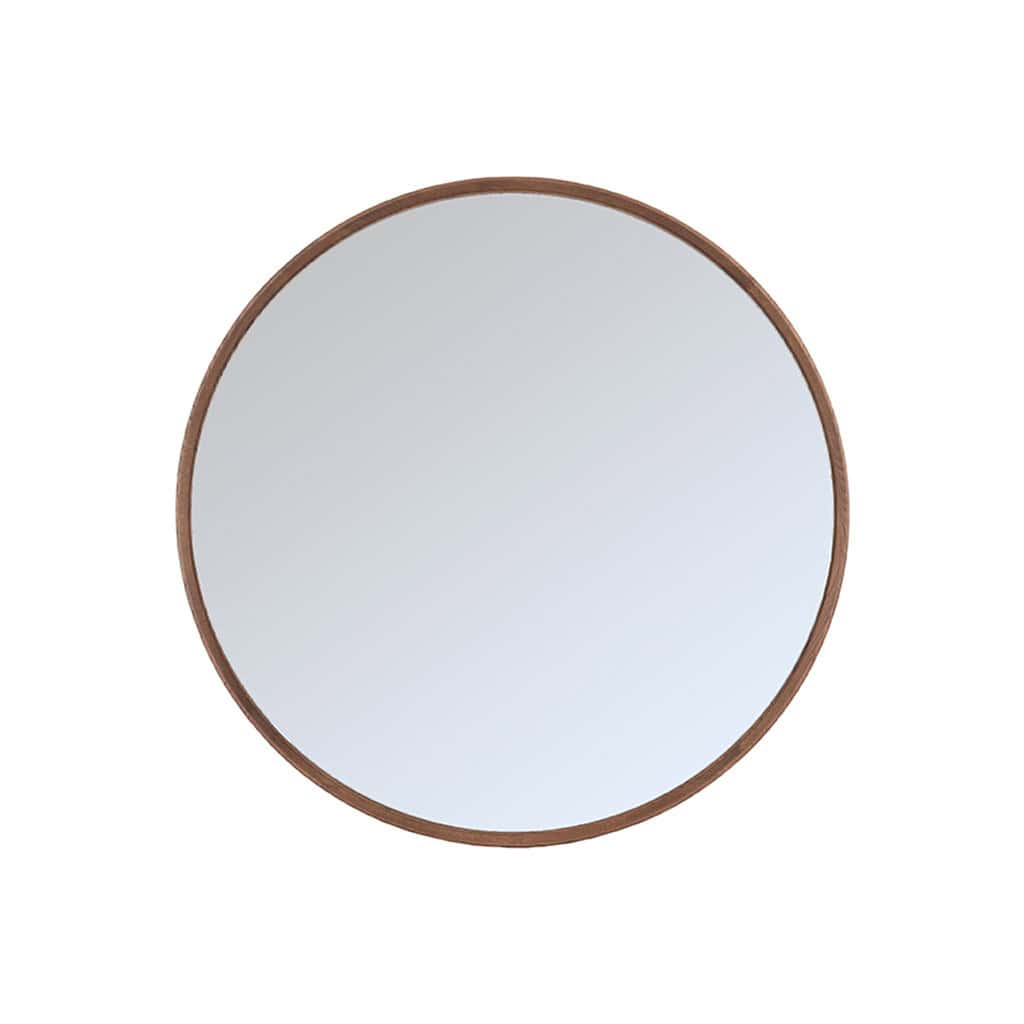 Elegant rond spiegel met houten frame, perfect voor modern en natuurlijk interieurdesign.