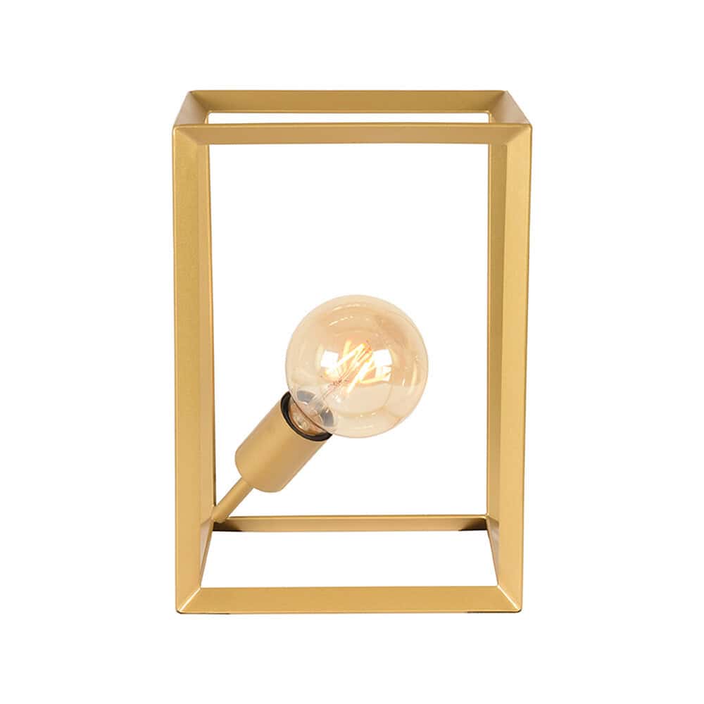 Vintage tafellamp met gouden metalen frame en een geëmailleerde zuil, perfect voor modern of industrieel interieur. Een stijlvolle en functionele verlichting van Mokana Meubelen.