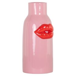 Kunststof vaas met 3D-lip sculptuur in fuchsia en rood, modern design voor woonkamer of slaapkamer.