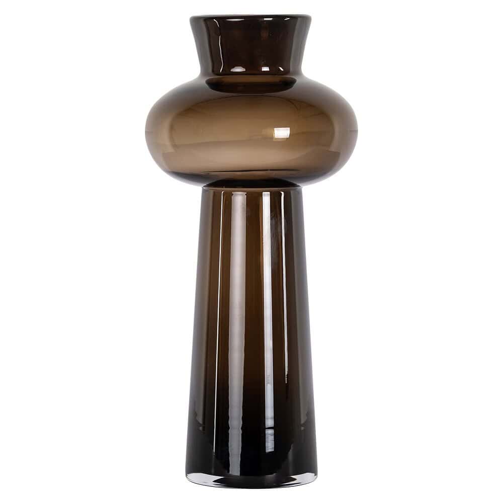 Elegante bruine glazen vaas op hoge sokkel, modern design, perfect voor interieurdecoratie, gemaakt door Mokana Meubelen.