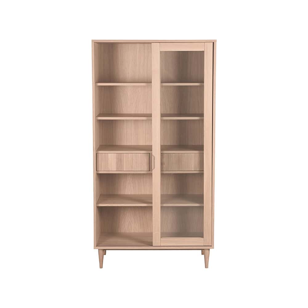 Nieuw ontwerp houten boekenkast met glazen en lades, modern en stijlvol - Mokana Meubelen.