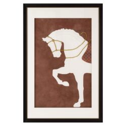 Elegant wanddecor met paardenmotief, houten details en gouden accenten à la Mokana Meubelen.