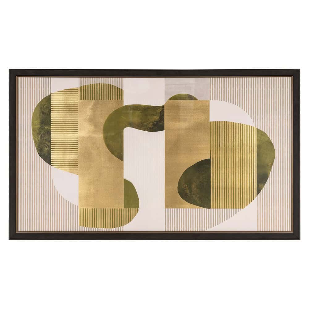 Moderne abstract kunst aan de muur met gouden en groene tinten, perfect voor stijlvolle woonkamer decoratie. Een opvallend kunstwerk dat elegantie en design combineert.