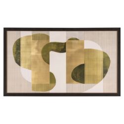 Moderne abstract kunst aan de muur met gouden en groene tinten, perfect voor stijlvolle woonkamer decoratie. Een opvallend kunstwerk dat elegantie en design combineert.