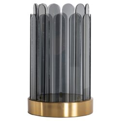 Zilverkleurige tafellamp met glazen bilaren en goudkleurige basis, elegante design verlichting voor modern interieur.