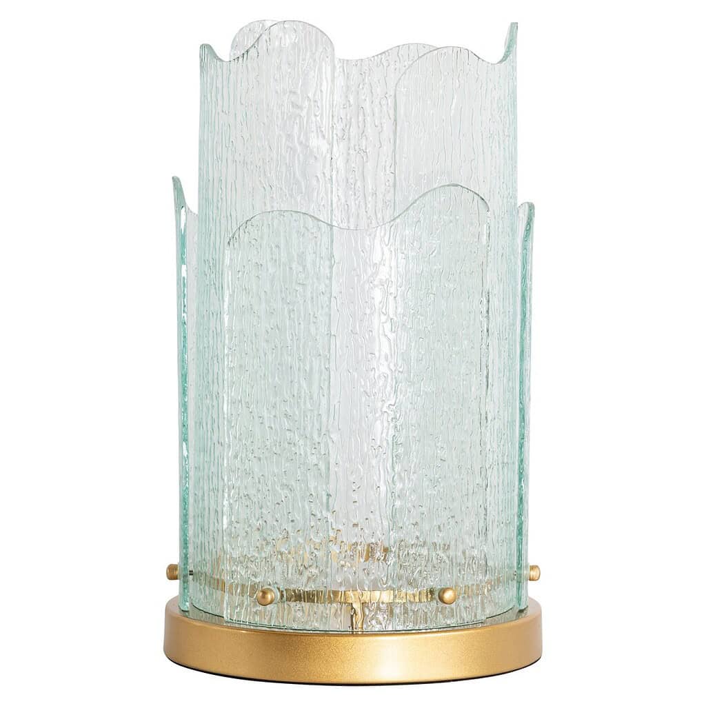 Houten tafellamp met decoratieve glazen omranding en gouden voet, stijlvol en duurzaam ontwerp voor stijlvolle woonruimtes.