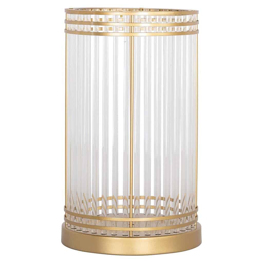 Elegant goudkleurige lampenkap met glazen panelen, modern en luxe design voor sfeervolle interieurdecoratie.