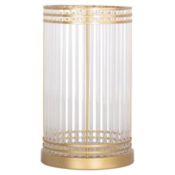 Elegant goudkleurige lampenkap met glazen panelen, modern en luxe design voor sfeervolle interieurdecoratie.