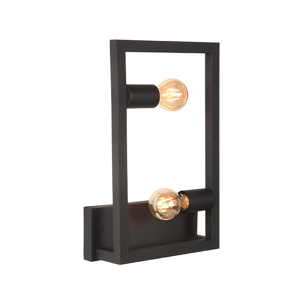 Elegant zwart metalen wandlamp met twee filamentlampen - modern en industrieel design voor in huis of kantoor.