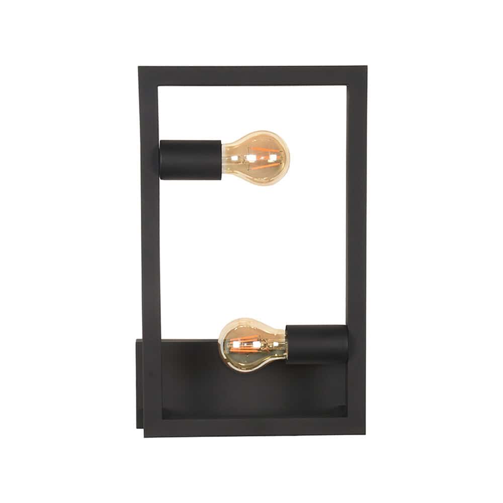 Geverfde metalen tafellamp met twee zichtbaar vintage gloeilampen, modern industrieel design, zwart frame, perfecte decoratie voor woonkamer of kantoor.