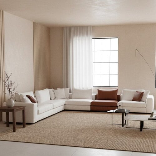 Elegante moderne woonkamer met bank, beige tapijt en grote ramen, perfect voor stijlvolle interieurs en comfortabel wonen.