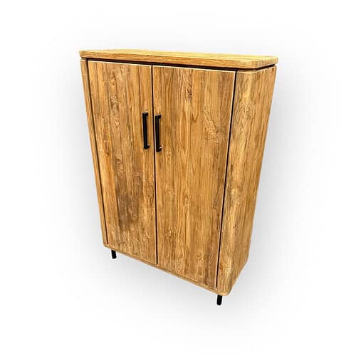 Zijaanzicht wandkast Somo teakhout bij Mokana Meubelen Enschede