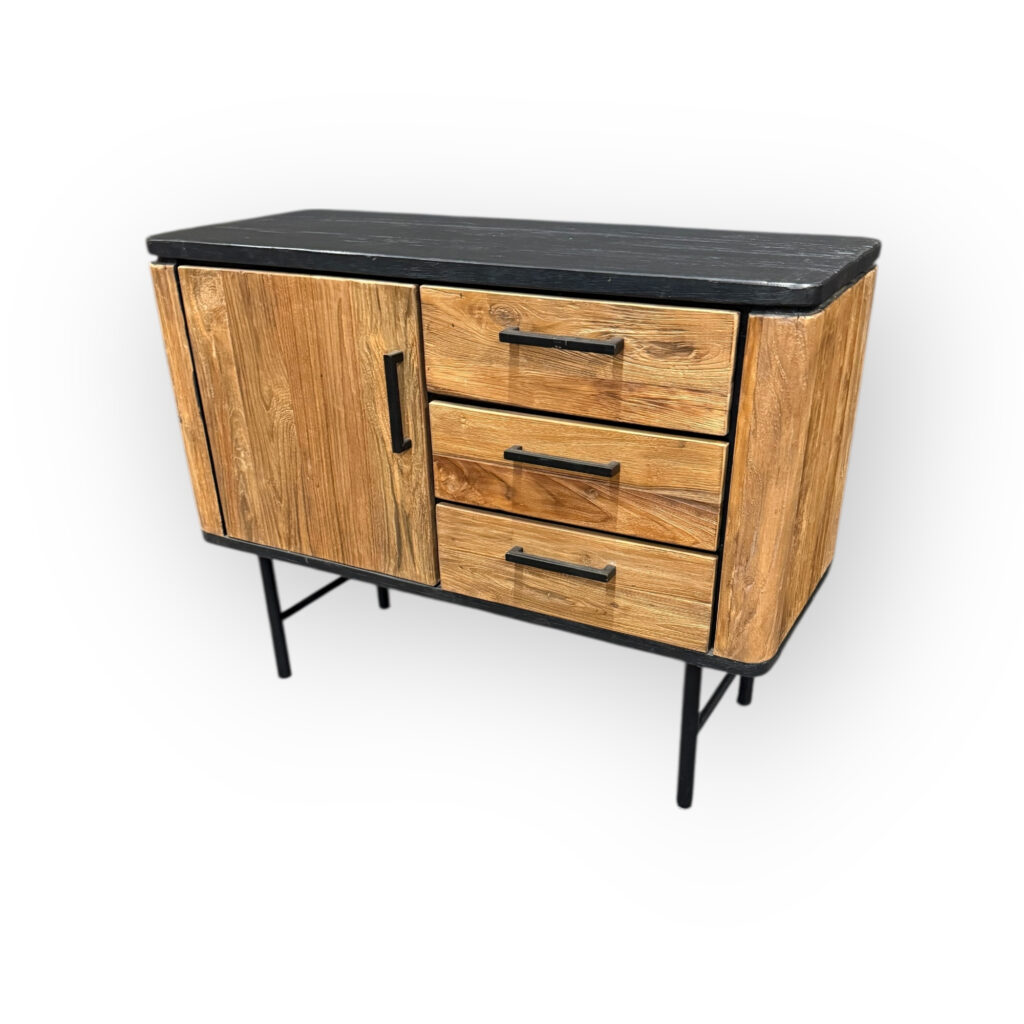 Dressoir 110cm zwart blad massief teakhout met metalen poten