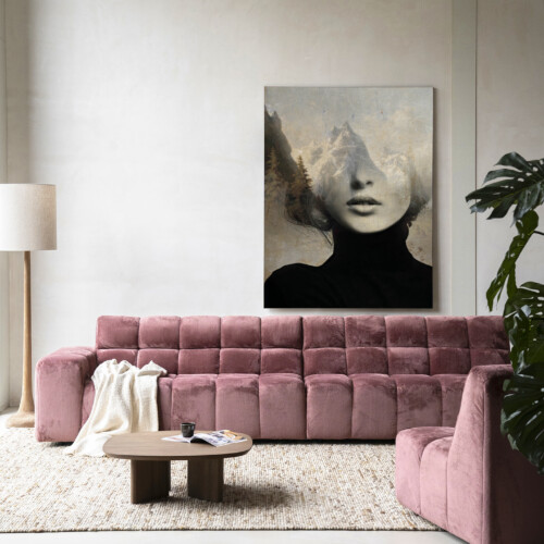 24075 head in the sky wandkleed frame 2 | Heb je wel eens door de ramen naar prachtig ingerichte woonkamers in Nederland gekeken? Een salontafel versierd met bloemen staat voor een gezellige en aantrekkelijke bank, daarachter zie je een eettafel voor gezellige bijeenkomsten en in de vensterbank staan smaakvolle vazen. Meubelwinkel Nederland | 24075 head in the sky wandkleed frame 2