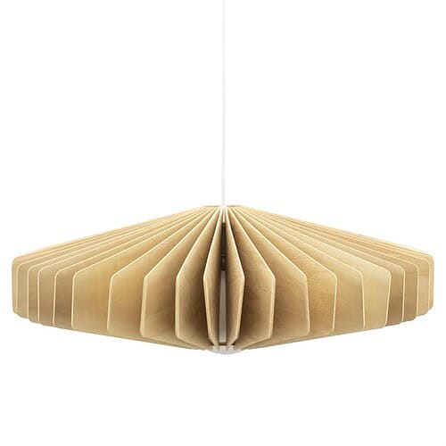 Houten hanglamp met uniek papieren lampenkap, modern design voor in een woonkamer of eetkamer. Perfect voor stijlvolle en functionele interieurverlichting.