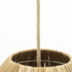 Houten hanglamp met touw detail, natuurlijke decoratieve verlichting voor interieur, handgemaakt meubels van Mokana Meubelen, ambachtelijke houten en rieten verlichting.