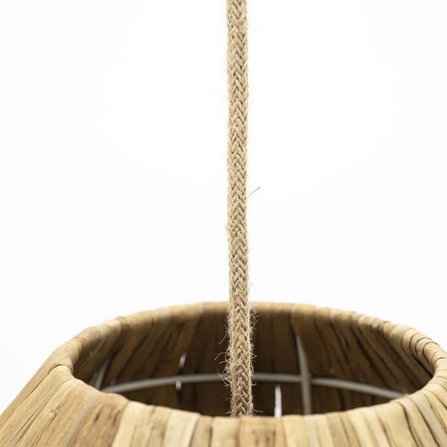 Houten hanglamp met touw detail, natuurlijke decoratieve verlichting voor interieur, handgemaakt meubels van Mokana Meubelen, ambachtelijke houten en rieten verlichting.
