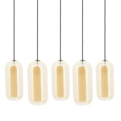 Modern hanglamp met vijf monochrome, glazen torpedo-achtige pendels, ideaal voor Scandinavisch en industrieel interieur, energiezuinig LED-verlichting, handgemaakt door Mokana Meubelen.