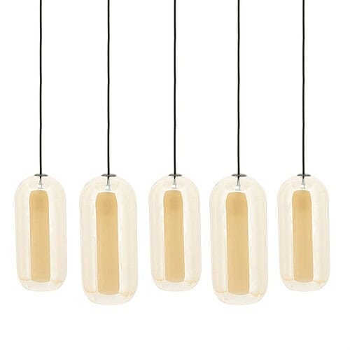 Modern hanglamp met vijf monochrome, glazen torpedo-achtige pendels, ideaal voor Scandinavisch en industrieel interieur, energiezuinig LED-verlichting, handgemaakt door Mokana Meubelen.