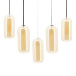 Moderne hanglamp met zes keramische plafondlampen, perfect voor wijnkamers of eetzalen, met een strakke en elegante uitstraling.