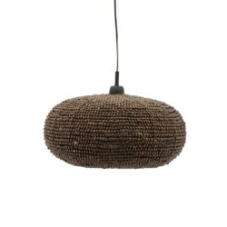 Ronde hanglamp van hout en bamboe, sfeervolle verlichting voor woonkamer of eethoek, ontwerp van Mokana Meubelen.