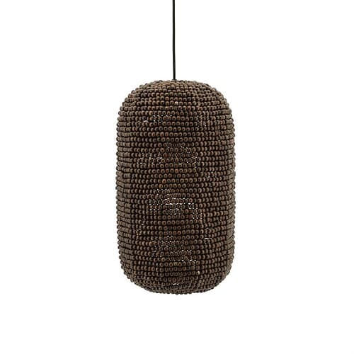 Robijnkleurige houten kralen hanglamp met uniek design voor moderne interieurs.