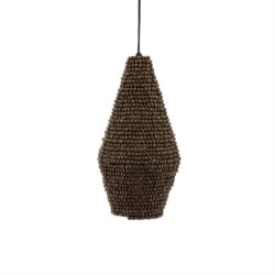 Handgemaakte houten kralen hanglamp met organische vorm en natuurlijke uitstraling, perfect voor modern interieur.