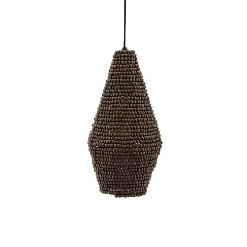 Handgemaakte houten kralen hanglamp met organische vorm en natuurlijke uitstraling, perfect voor modern interieur.