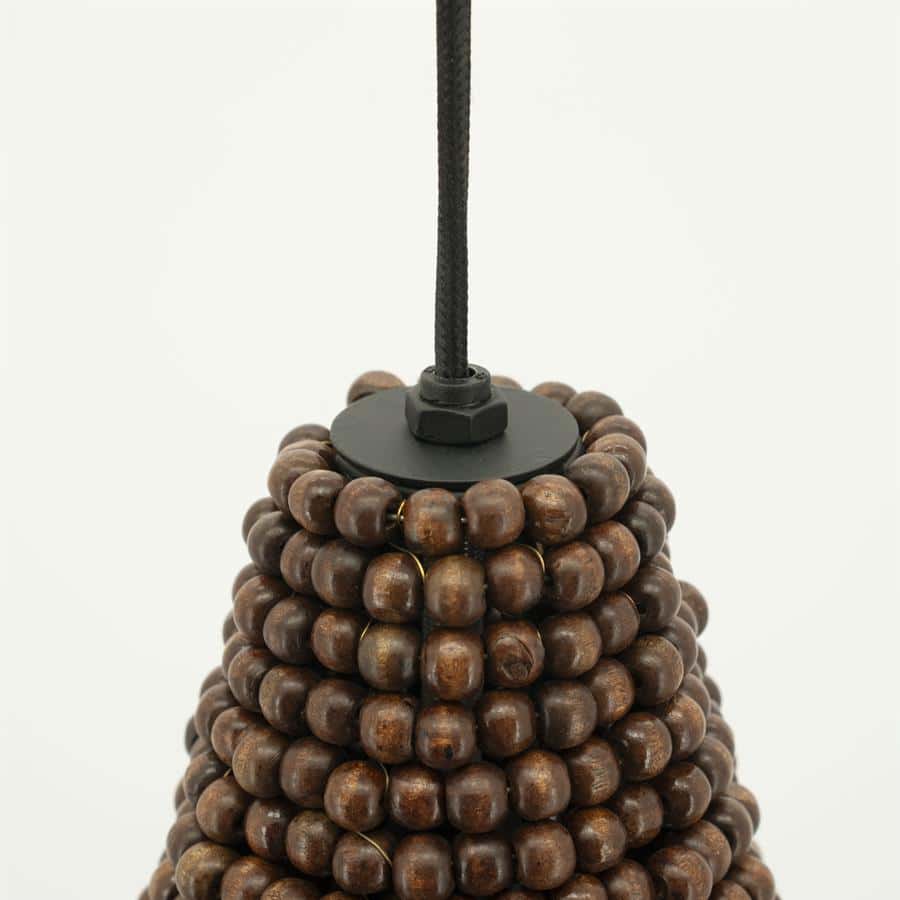 Handgemaakte houten kralen hanglamp, Scandinavisch design, vintage sfeer, rustiek en elegant accent, Mokana Meubelen.