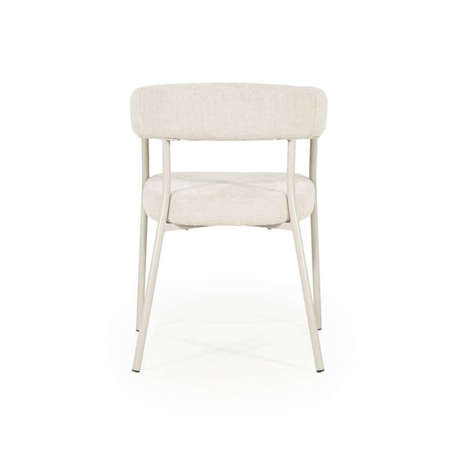Moderne witte eetkamerstoel met comfortabele stoffen bekleding en strak frame, perfect voor een eigentijds interieur.