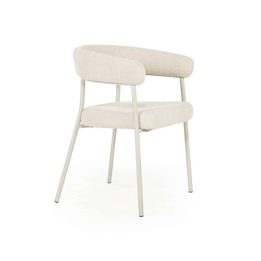 Zwevende witte lounge stoel met zachte bekleding en metalen frame, modern en elegant design voor woonkamer of kantoor.