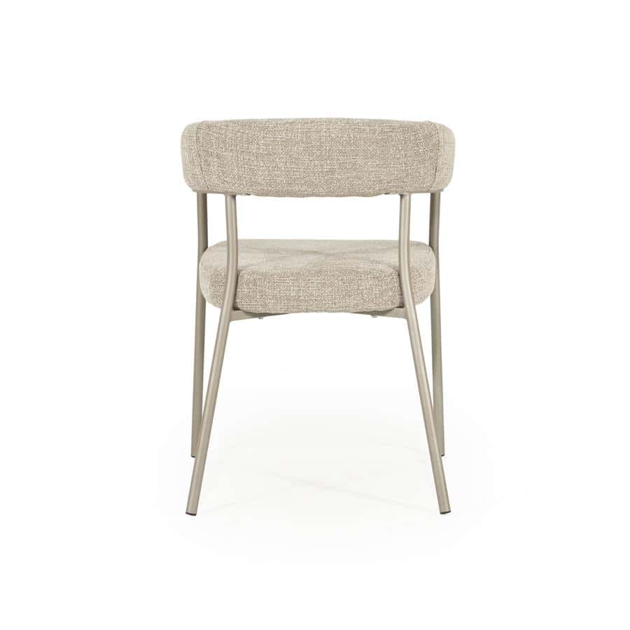 Moderne eetkamerstoel met geborsteld metalen frame en comfortabele bekleding, ideaal voor een stijlvolle en functionele keuken of eetkamer.