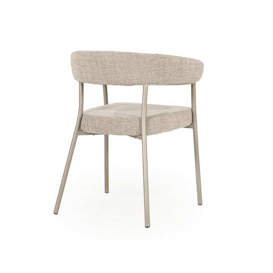 Modernistas houten en gestoffeerde eetkamerstoel met zilverkleurig frame, comfortabele zit en rond rugontwerp voor stijlvolle interieurdecoratie.