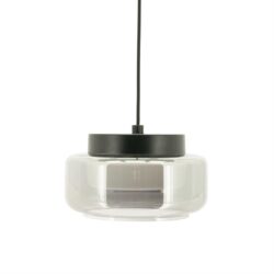 Minimalistische pendantlamp van glas en zwart metalen frame, perfect voor modern interieur en eettafels.