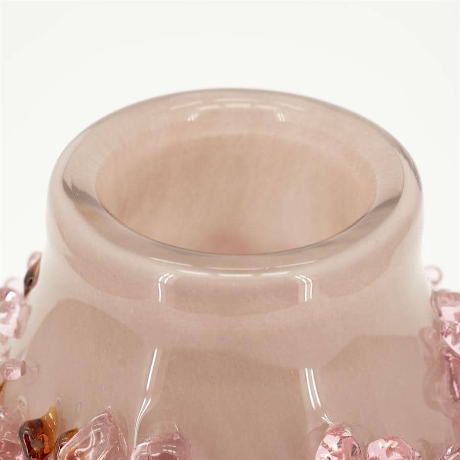 Klassieke glazen vaas met roze en amberkleurige details, perfect voor elegante interieurdecoratie en bloemarrangementen.