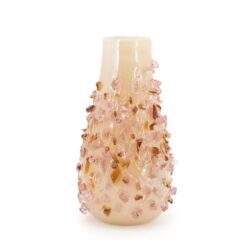 Unieke sier vaas met roze en amber gekleurde glasversiering, handgemaakt vaas interieurdecoratie, Mokana meubelen.