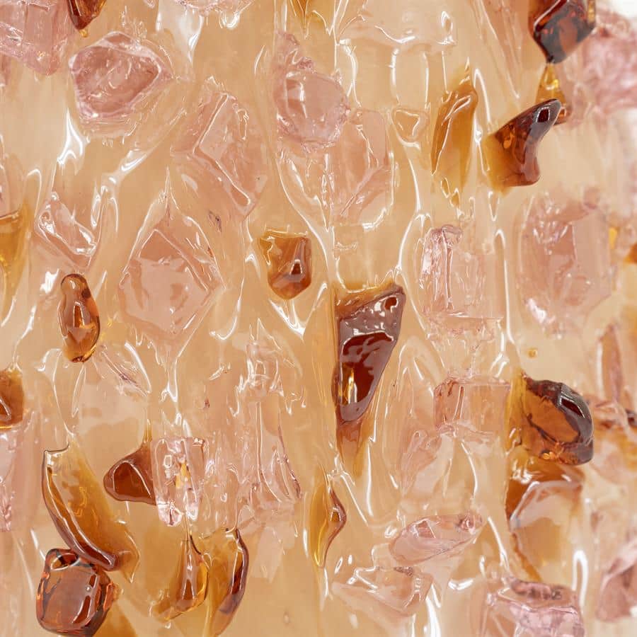 Melkglazen met rozenkleurige kristallen en amberkleurige details, die een luxe en stijlvolle uitstraling geven. Kalme en elegante decoratie, perfect voor een modern interieur of als bijzonder accentstuk.