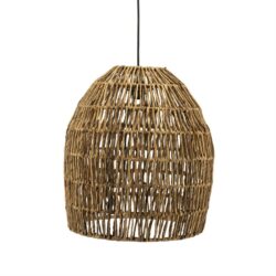 Rustikale rieten hanglamp, natuurlijke houten afwerking, landelijke woondecoratie, duurzaam en stijlvol verlichtingsaccent, perfect voor sfeervolle woningen en horeca.