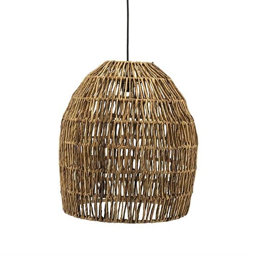 Rustikale rieten hanglamp, natuurlijke houten afwerking, landelijke woondecoratie, duurzaam en stijlvol verlichtingsaccent, perfect voor sfeervolle woningen en horeca.