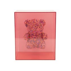 Onbekende teddybeer in doorzichtig roze box, decoratief knuffeldier als modern meubelstuk.