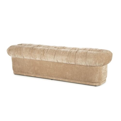 Vintage stoffen bank in beige, elegant en comfortabel, perfect voor een gezellige woonkamer of dressing.
