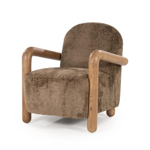 Comfortabele vintage sono fauteuil met zachte bruin bekleding en massief houten armleuningen. Perfect voor lounge of leeshoek in een modern interieur.