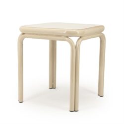 Blanc houten bijzettafel met rond tafelblad en gebogen poten, modern en minimalistisch design.