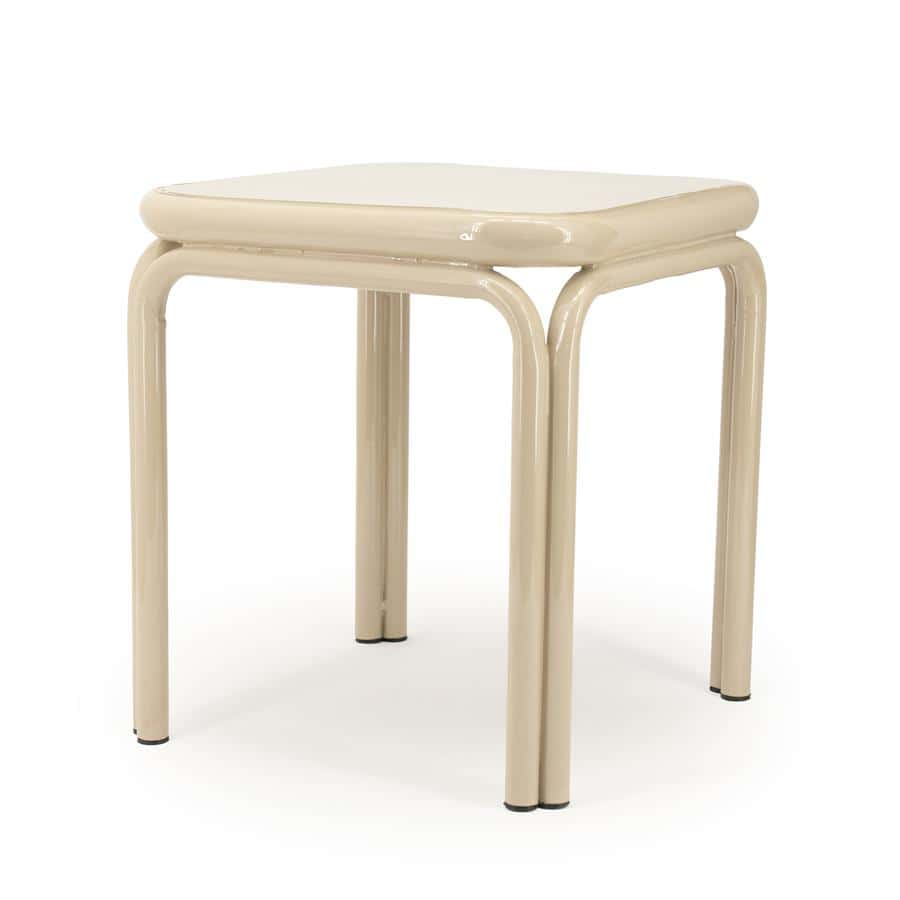 Blanc houten bijzettafel met rond tafelblad en gebogen poten, modern en minimalistisch design.