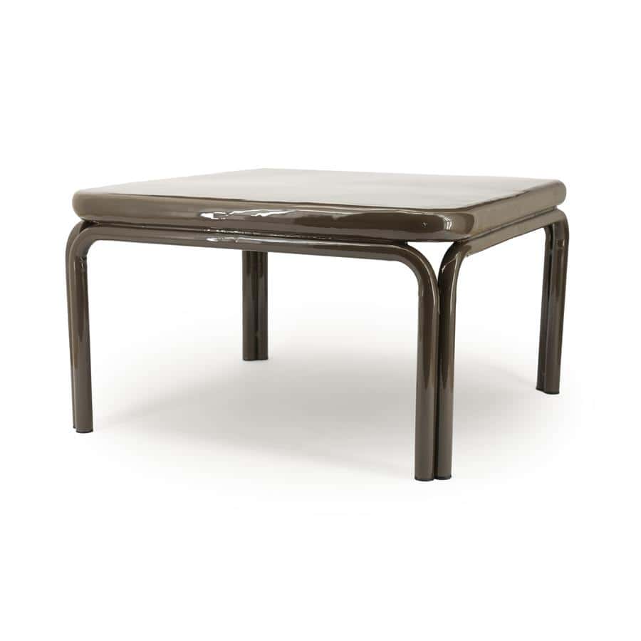 Robuuste metalen tafel met beige gestoffeerd zitkussen, modern design, ideaal voor binnen en buiten, perfect voor een stijlvolle eet- of salontafel.