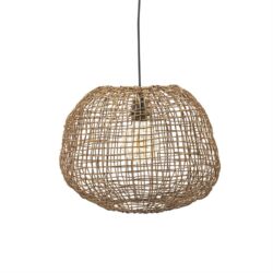 Houten hanglamp met rieten design, perfect voor een gezellige woninginrichting met natuurlijke materialen.