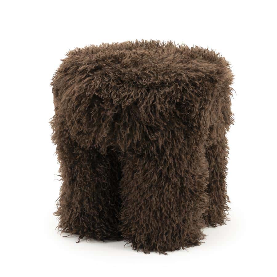 Knuffelige Bruine Biologische Schapenvacht Poef, geweldig voor woonkamer of slaapkamer, handgemaakt, milieuvriendelijk, warme sfeer, Mokana Meubelen.